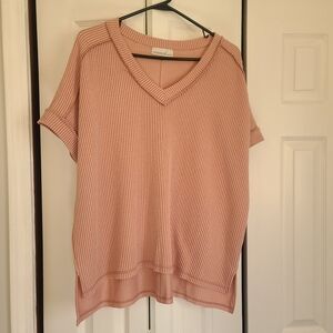 Pink V-Neck Ribbed Knit Top
